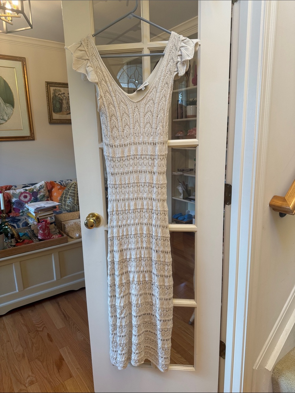 H&M Cream Crochet Maxi Dress with Ruffle Sleeves